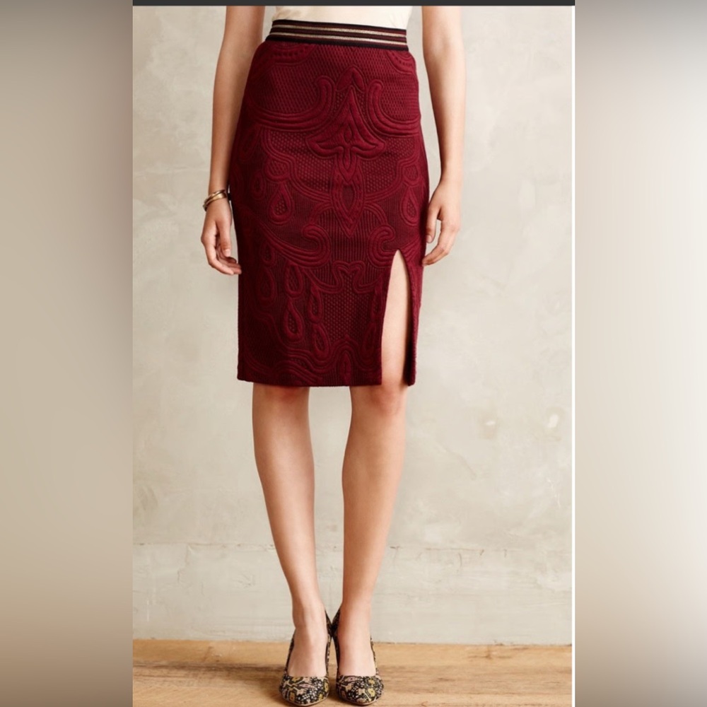 Anthropologie Maeve Jacquard Deep Red Textured Pencil Skirt